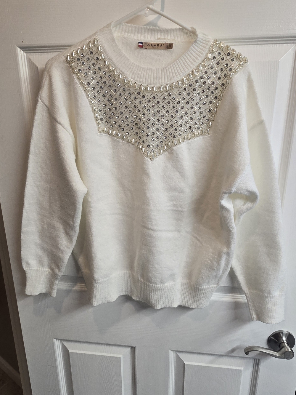White Jeweled Yoke Crewneck Sweater from PARIS